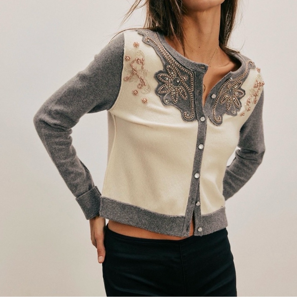 Free People We the Free Loui Embellished Cardi in Grey Combo - Size Medium
